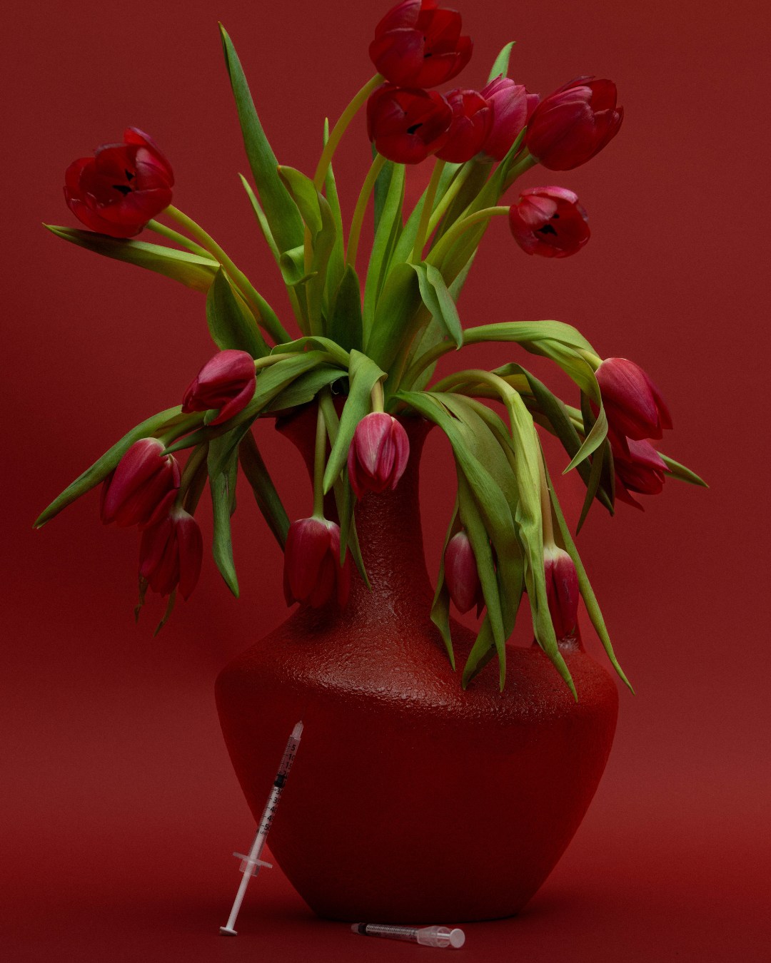 Deep red tulips arranged in a sculptural monochromatic floral composition